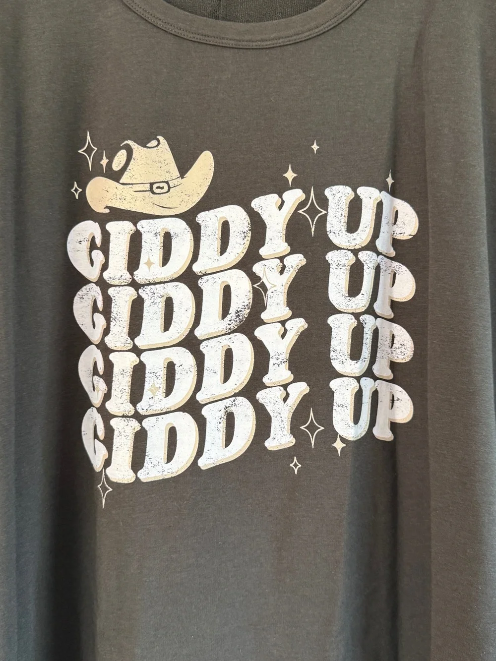 Western Cowboy Graphic Tee Top - Giddy Up Gray Soft Fleece Boho Casual